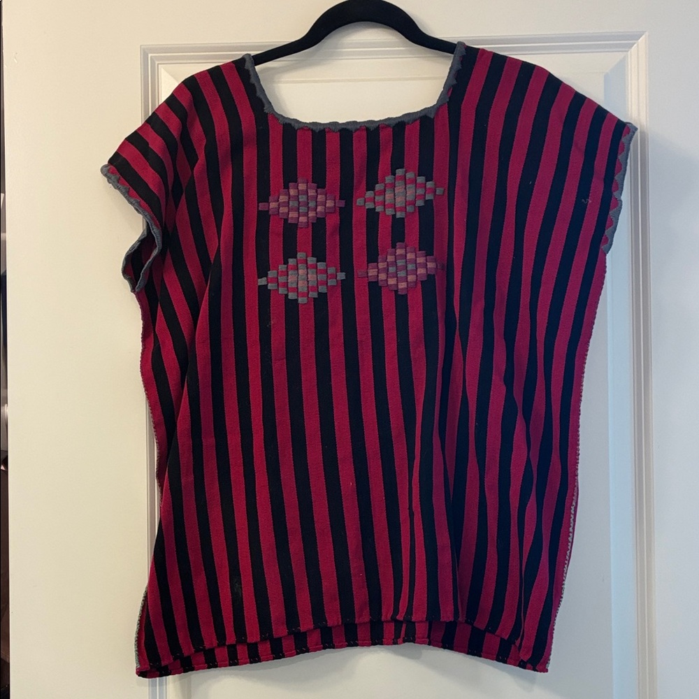 Mexican textile hand embroidered Striped Black and Pink Women's Top